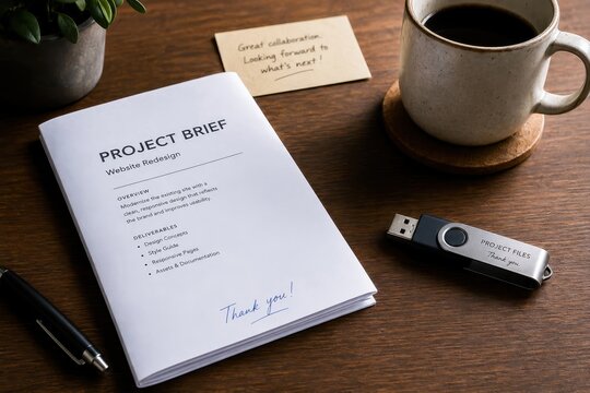 Project brief and coffee on office desk during a business meeting for website redesign collaboration