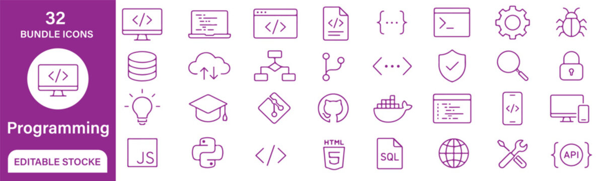 Set of 32 Programming icons each icon will be different, create a vector outline icon using white background and purple color.
