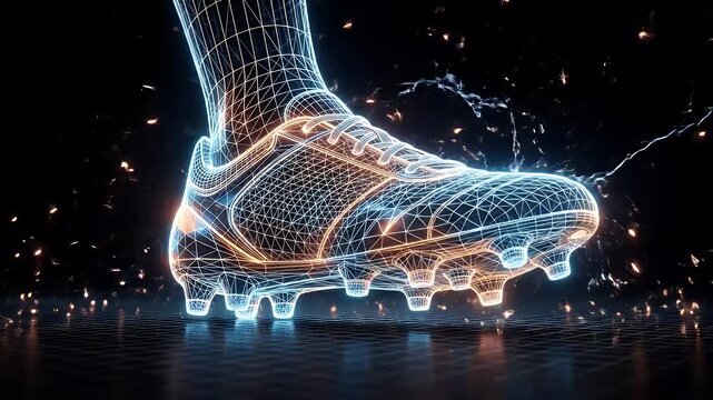Digital Wireframe Soccer Cleat with Energy Sparks - A futuristic digital wireframe soccer cleat is shown in a dynamic stepping motion, glowing with intense energy and emitting bright sparks.