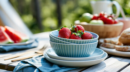 Extra-wide summer camping breakfast scene with a clean wooden table set with plain bowls and fresh fruit, morning outdoor lifestyle concept, defocused background, with copy space