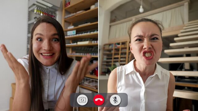 Four friends share their feelings during a call. Each person shows anger in their face and body. The setting is simple, and their expressions tell a clear story of frustration.