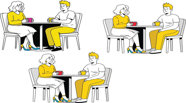 People sitting at table illustration line art style with white background man woman couple seated chairs meeting conversation dialogue relationship interaction friendship colleagues office cafe