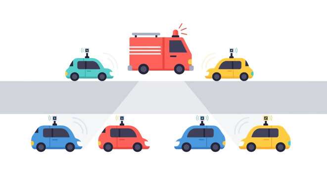 Autonomous Smart Vehicles and Emergency Van on City Road Vector Illustration of Intelligent Transport System and Future Urban Mobility