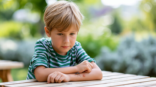 Young boy sitting at a picnic table scratching an insect bite on his arm, casual summer scene, childhood outdoor moments, minor discomfort concept, defocused park background, with