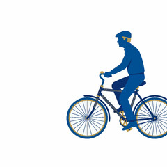 Fototapeta premium Man riding a vintage-style bicycle in a flat design vector illustration featuring a limited color palette of blue and gold, isolated on a clean white background, depicting leisure and movement.