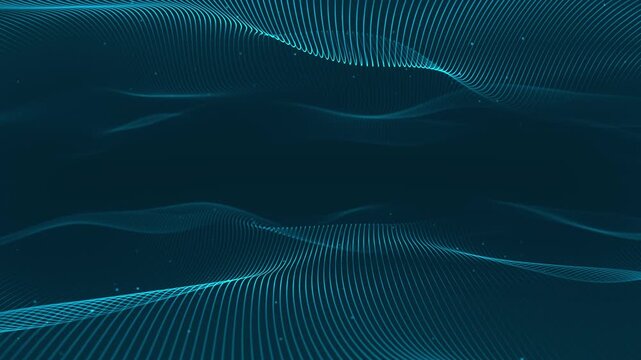 Teal wavy horizon background. Turquoise mirrored space. Abstract sky blue video background wavy landscape. VJ looped green blue background. Blue flowing wave lines dark cyan background. 4K 60fps loop.