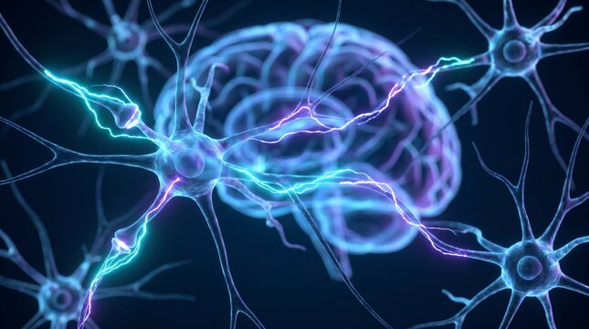The human brain and its neural network visualized with electric sparks representing thought and connection.