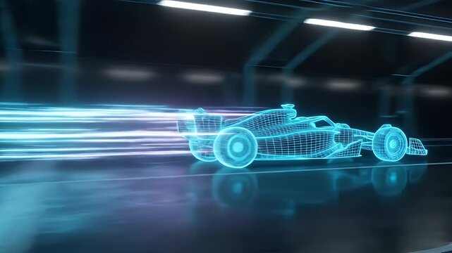 Wireframe Race Car Speeding Through Digital Tunnel - A glowing blue wireframe race car accelerates rapidly through a dark, futuristic tunnel, leaving streaks of light behind.
