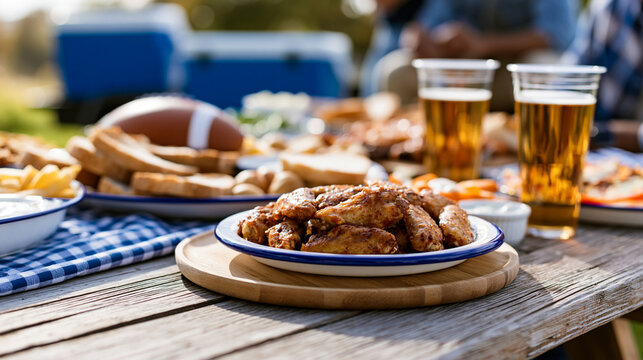 Outdoor tailgate party scene with food, drinks and festive gathering energy before a sporting event, game day outdoor entertainment concept, defocused background, with copy space