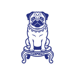 Fototapeta premium pug dog illustration on pedestal blue and white