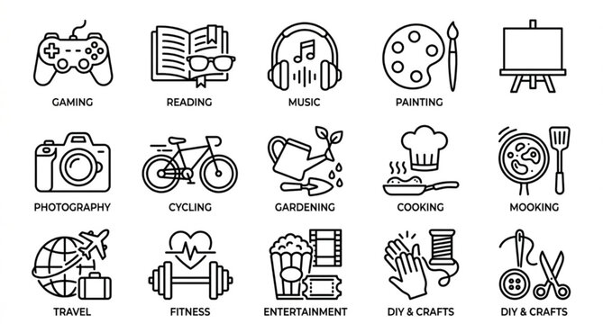 Minimal hobbies and leisure line icon set vector EPS isolated on white