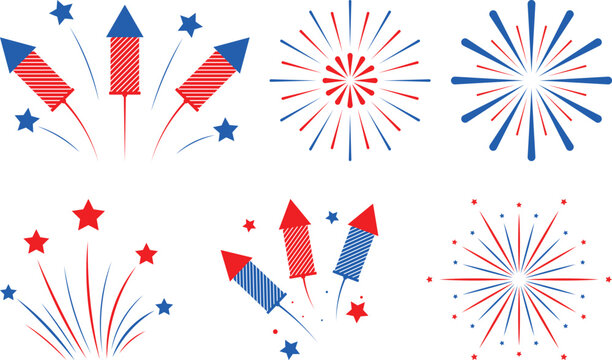 Patriotic fireworks vector set for 4th of july celebrations with red white and blue explosions