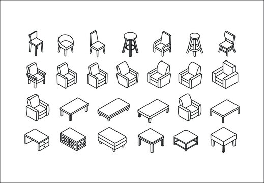 Modern furniture collection, isometric chair and table vector illustration, interior decor line art set for architectural design templates