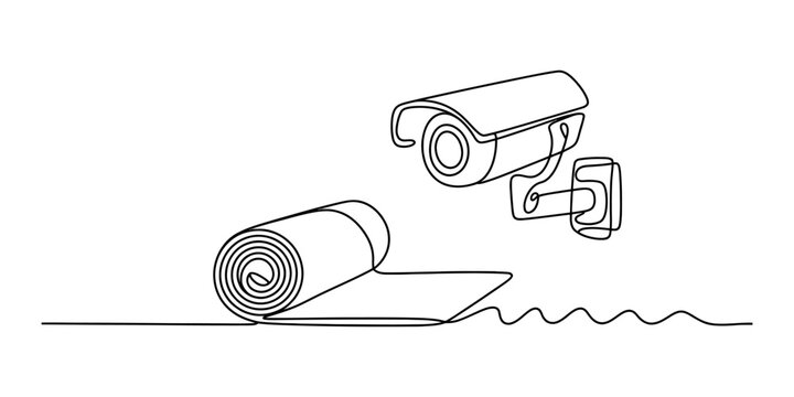 Continuous single line drawing of a security surveillance camera and a roll of paper or fabric roll in a simple minimalist art style Vector, illustration