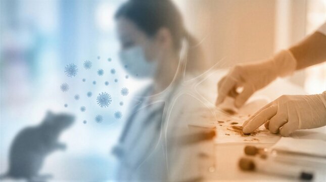 Woman scientist studying hantavirus transmitted by rodent. Pathogen research in laboratory with virus structure and infected sample. Biological threat and contagious disease prevention.