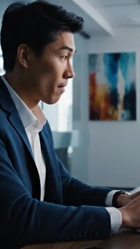 Executive of Asian descent reviewing contractual papers in office setting. Urban office scene showing Asian professional deeply engaged in contract review process with focused demeanor
