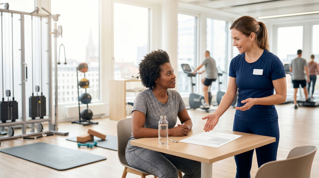 Personal trainer consulting client in modern gym