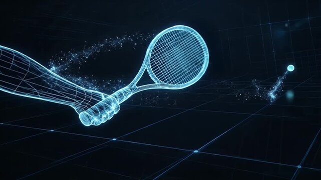 Digital Foot Kicking Ball in Virtual Arena - A vibrant digital animation showcases a wireframe leg in motion, powerfully kicking a glowing spherical object.