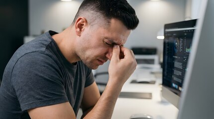 Fototapeta premium Stressed male programmer suffering from severe headache and eye strain while working on computer