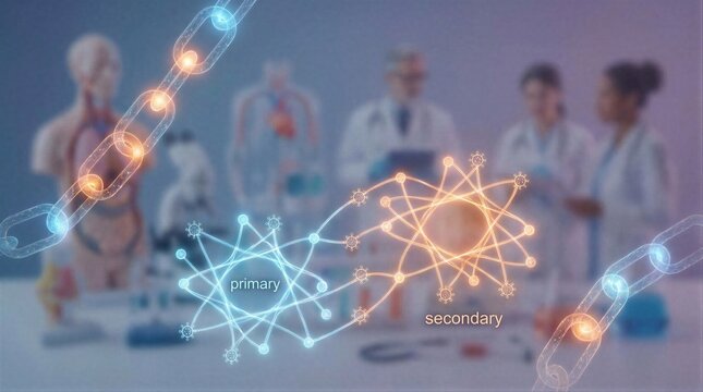 Digital illustration of virus transmission chain with primary and secondary infection nodes. Medical professionals researching pathogen epidemic spread and healthcare viral contagion concept.