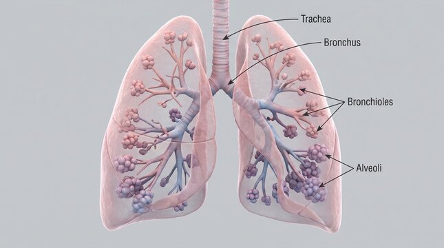 Anatomical illustration of human lungs, highlighting the trachea, bronchi, bronchioles, and alveoli