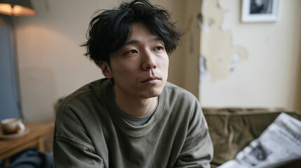 Fototapeta premium 静かな室内でどこか物憂げな表情を見せる20代の男性 ｜ 柔らかな光