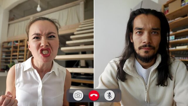 In an online call, young people express anger. Their faces show different reactions. The background shows a home or office setup. The call highlights emotions clearly.