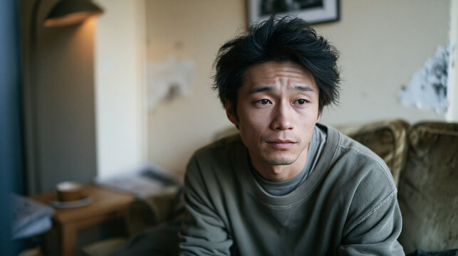 静かな室内でどこか物憂げな表情を見せる20代の男性 ｜ 柔らかな光