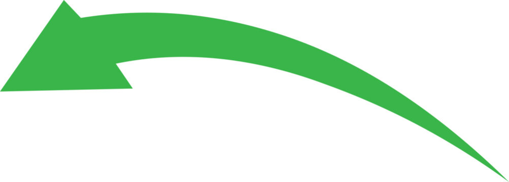 Bright green curved arrow pointing left vector graphic representing direction and return