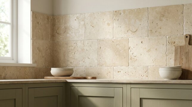 Warm beige limestone tile backsplash with honed finish and natural texture in a kitchen setting