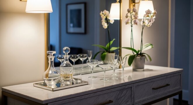 Elegant marble console surface with crystal glassware and decanters for sophisticated bar setup