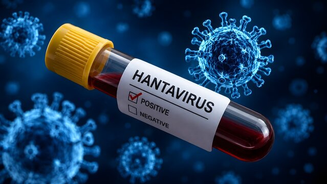 Hantavirus blood test tube with virus cells in blue medical background showing infectious disease diagnosis laboratory testing virology research outbreak awareness and healthcare science concept