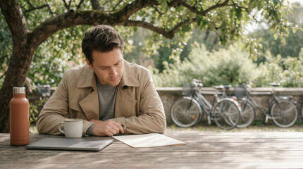 Fototapeta premium Man reading letter at outdoor wooden table with laptop mug and bicycles