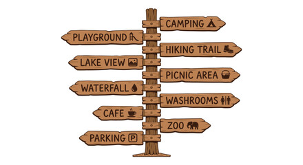 Wooden signpost with directional arrows for various outdoor locations © Bijori