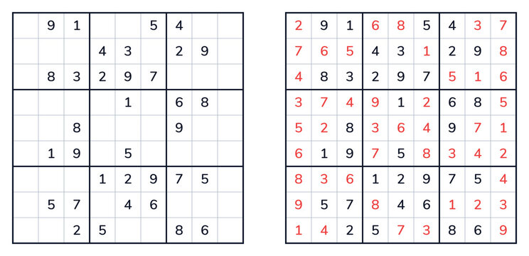 Classic Sudoku puzzle with blank grid and completed numbers
