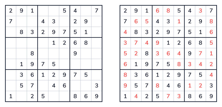 Classic Sudoku puzzle grid with solutions and highlighted numbers  