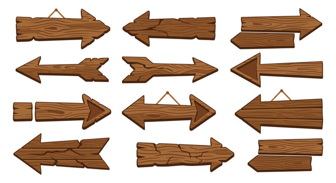 Wooden arrow signposts vector illustration with varying shapes and textures