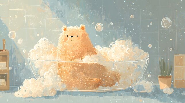 泡風呂でくつろぐかわいいくまの癒しイラスト