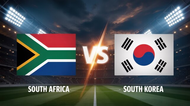 Soccer match promotion featuring south africa versus south korea flags over stadium lights background.