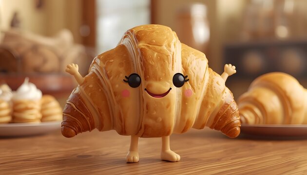 Adorable and funny croissant pastry character with tiny arms and legs standing with a joyful expression, featuring a realistic buttery texture in a cozy bakery cafe atmosphere.