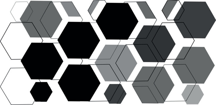 A clean and modern geometric background composed of overlapping hexagons in various shades of gray and black set against a crisp white backdrop. The design features a repeating pattern with some