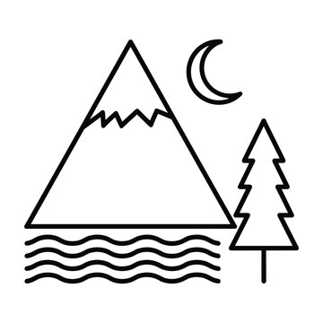 Mountain landscape with night sky and evergreen forest line art icon