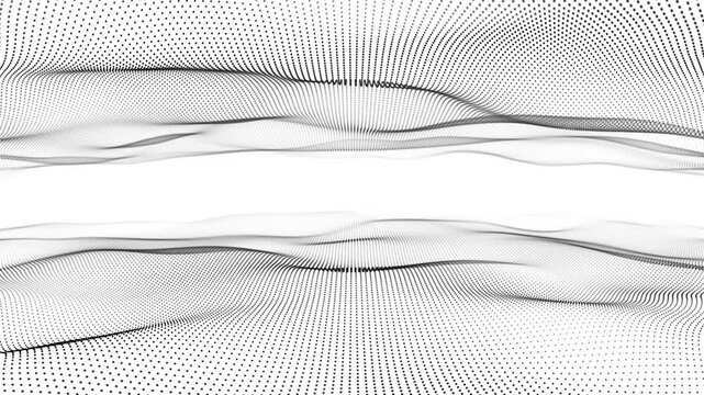 White digital space background. Black white particle wave landscape. Abstract monochrome dotted surface flowing across bright background. Futuristic digital grid motion. Seamless 4K loop.
