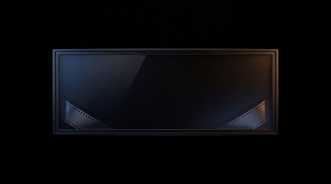 Blank cinema screen frame with film strip elements on black background, elegant dark movie banner template for video player, multimedia presentation, or film industry design