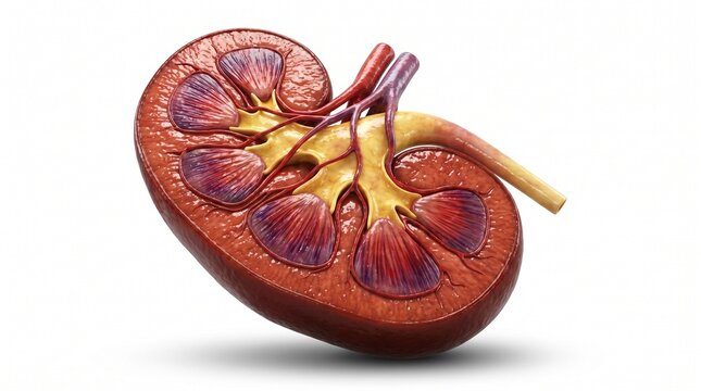 A detailed cross-section of a human kidney, showcasing its intricate internal structures and vascular network. The vibrant colors highlight the renal cortex, medulla, and pelvis.