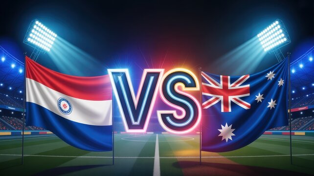 Paraguay versus Australia soccer match flags waving stadium lights arena sports competition versus.