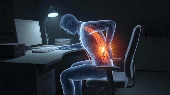 A person sitting at a desk, experiencing intense back pain, visualized with glowing orange highlights along the spine