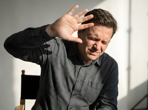 Man Blocking Bright Glare Sunlight with Hand and Squinting Eyes from Intense Sensitive Light Blur
