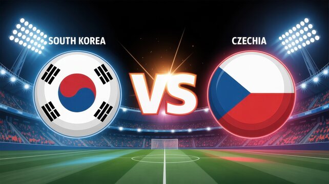 South Korea versus Czechia soccer match stadium lights sports competition banner design.