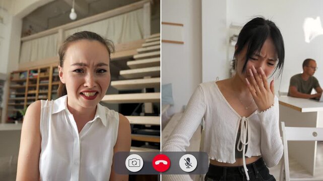 Young people share different feelings while talking on an online call. The split screen shows their varied reactions and emotional expressions during the chat.